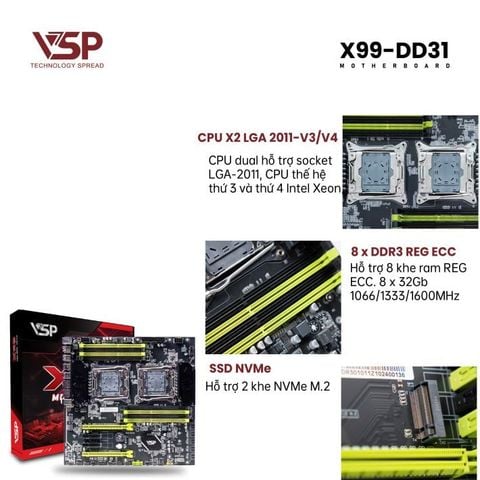 Bo mạch chủ - Mainboard VSP X99 - DD31 - 2 CPU - DDR3 - EATX - Chính hãng
