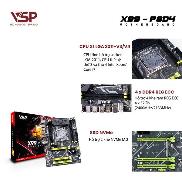 Bo mạch chủ - Mainboard VSP X99 - P8D4 - ATX - V3/V4 - Chính hãng