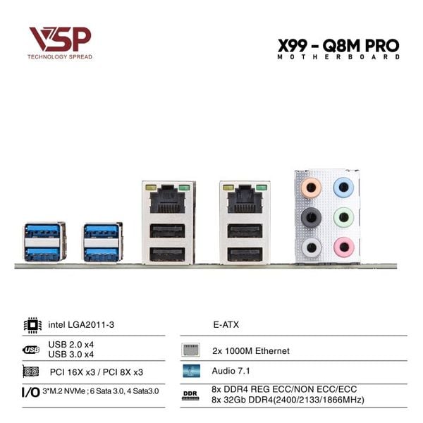 Bo mạch chủ - Mainboard VSP X99 - Q8M PRO - 2 CPU - EATX - Chính hãng