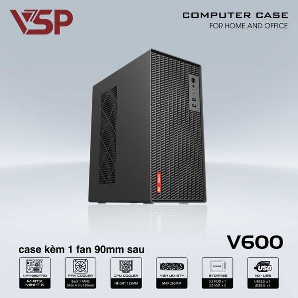 Thùng máy vỏ case máy tính V600 - Đen ( sẵn 1 Fan 9cm )