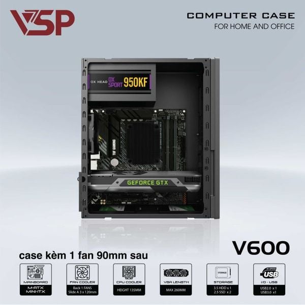 Thùng máy vỏ case máy tính V600 - Đen ( sẵn 1 Fan 9cm )