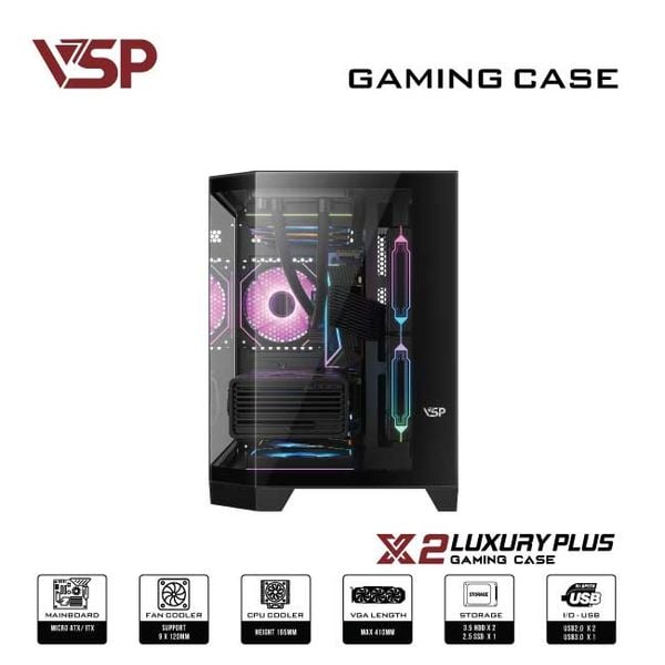 Thùng máy tính VSP Case X2 Luxury Plus Black - Middle Tower - Màu Đen