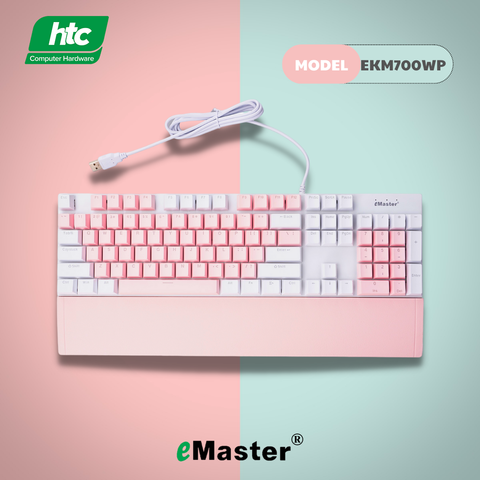 Bàn phím cơ Gaming EMASTER EKM700WP Hồng - Trắng (Full size 104 phím, Blue switch, kèm kê tay)