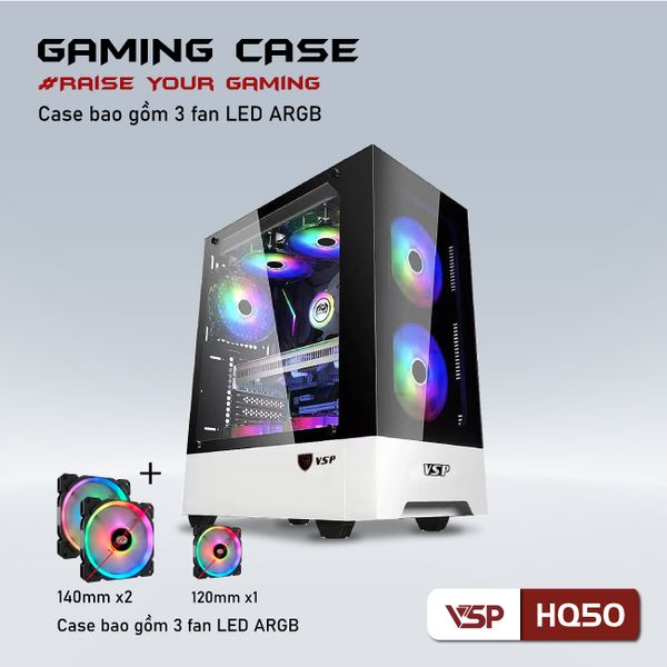Thùng máy vỏ case máy tính VSP GAMING HQ50 - Trắng ( sẵn 3 FAN )