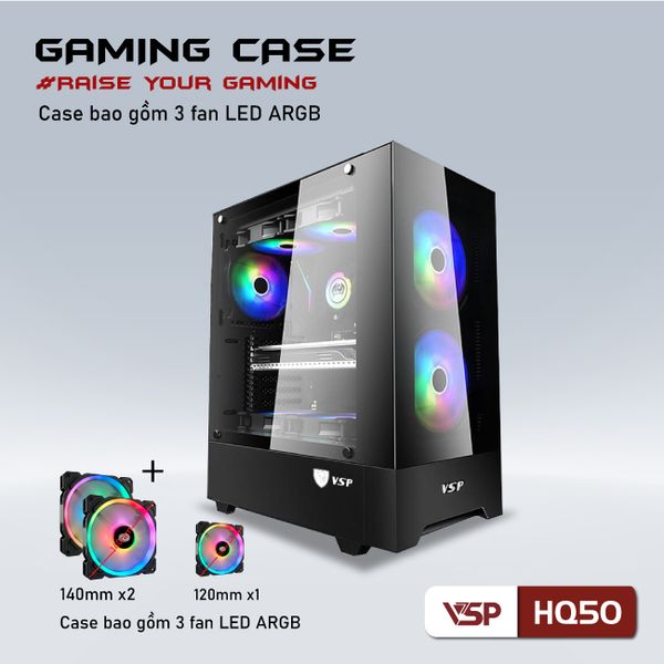 Thùng máy vỏ case máy tính VSP GAMING HQ50 - Đen ( sẵn 3 FAN )