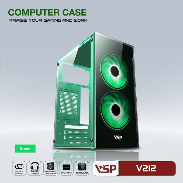 Thùng máy vỏ case máy tính VSP V212 - XANH, ĐEN, TRẮNG, HỒNG