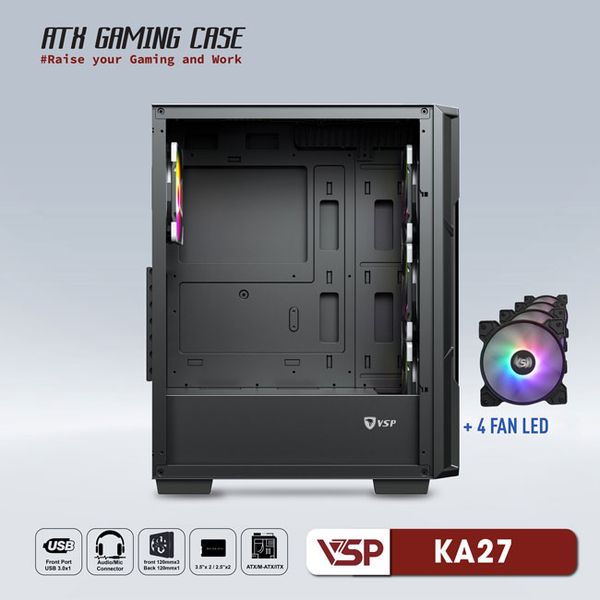 Thùng máy vỏ case máy tính VSP GAMING KA27- Đen ( sẵn 4 Fan )