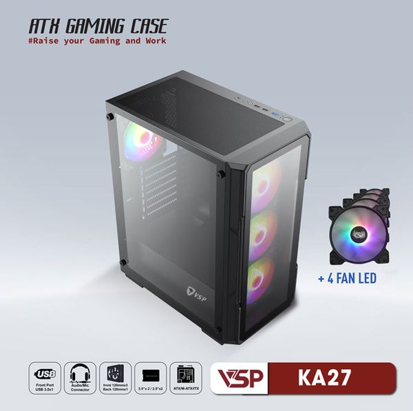 Thùng máy vỏ case máy tính VSP GAMING KA27- Đen ( sẵn 4 Fan )