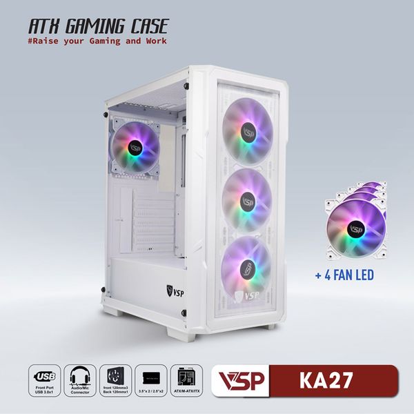 Thùng máy vỏ case máy tính VSP GAMING KA27- Trắng ( sẵn 4 Fan )