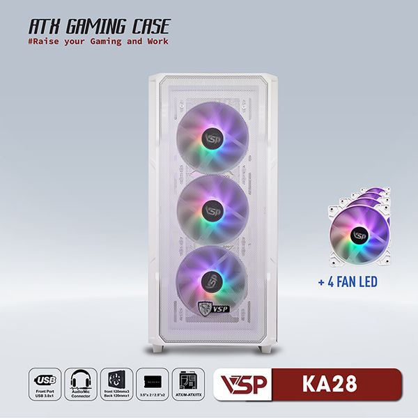 Thùng máy vỏ case máy tính VSP GAMING KA28 - Trắng ( sẵn 4 Fan )