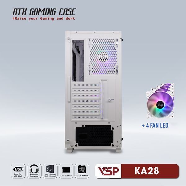 Thùng máy vỏ case máy tính VSP GAMING KA28 - Trắng ( sẵn 4 Fan )