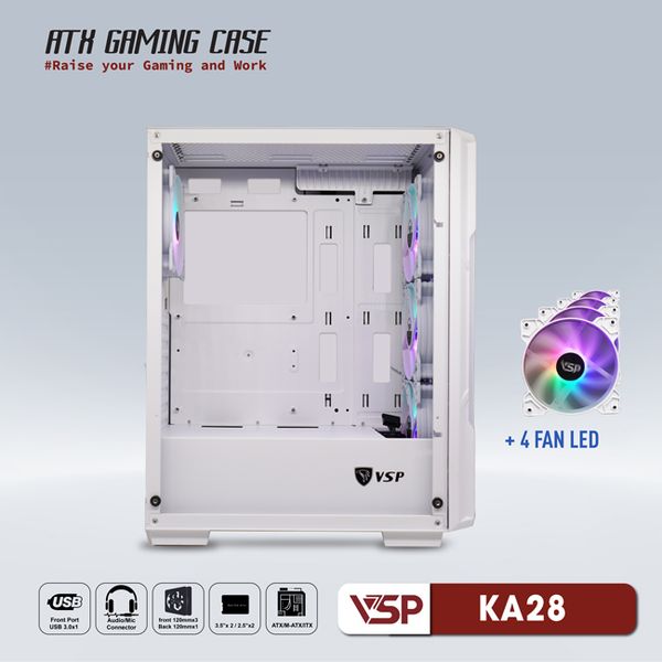 Thùng máy vỏ case máy tính VSP GAMING KA28 - Trắng ( sẵn 4 Fan )