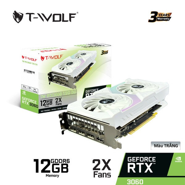 CARD MÀN HÌNH - VGA Nvidia T-WOLF RTX 3060 12G GDDR6 192Bit | 2 Fan | Trắng