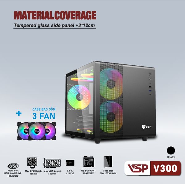 Thùng máy vỏ case máy tính VSP Gaming V300 Mini ATX - Đen ( sẵn 3 Fan )