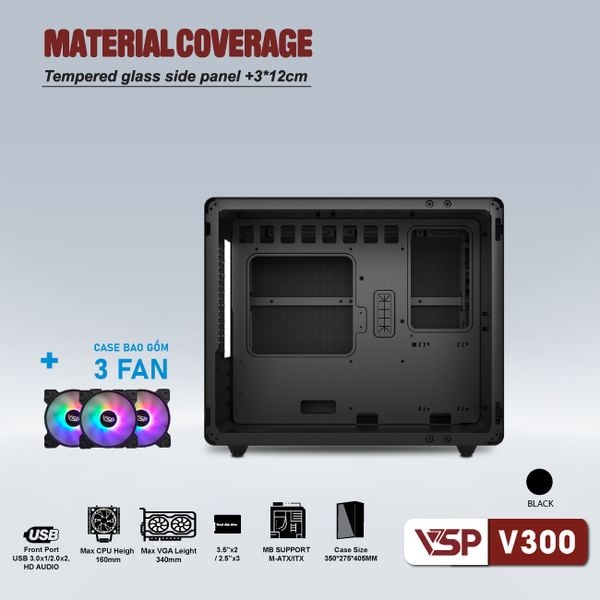 Thùng máy vỏ case máy tính VSP Gaming V300 Mini ATX - Đen ( sẵn 3 Fan )