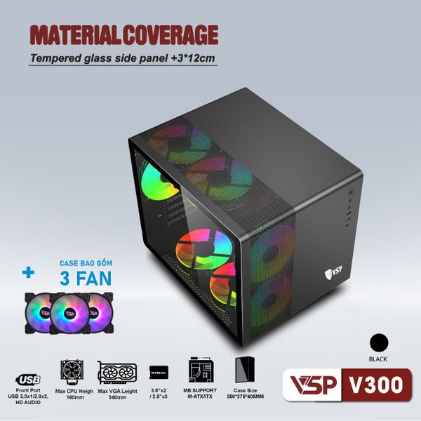 Thùng máy vỏ case máy tính VSP Gaming V300 Mini ATX - Đen ( sẵn 3 Fan )