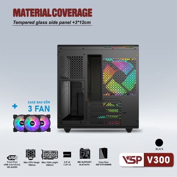 Thùng máy vỏ case máy tính VSP Gaming V300 Mini ATX - Đen ( sẵn 3 Fan )