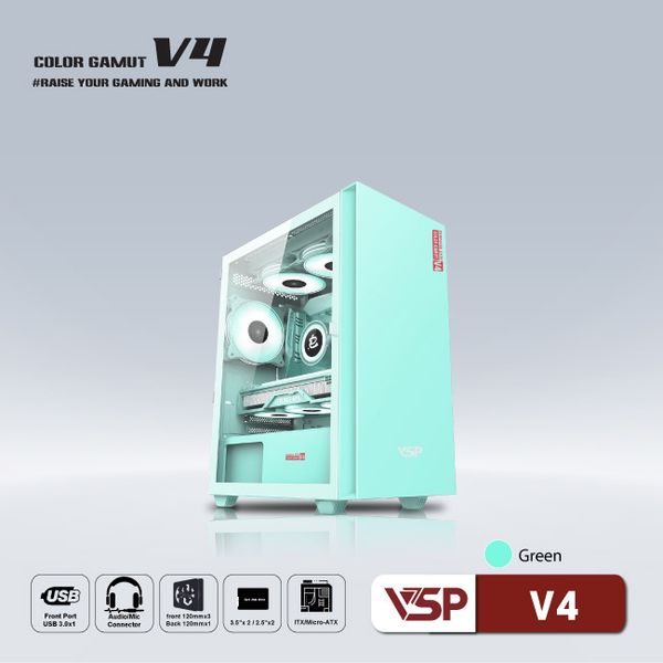 Thùng máy vỏ case máy tính VSP V4 - Trắng/Xanh/Hồng/Đen