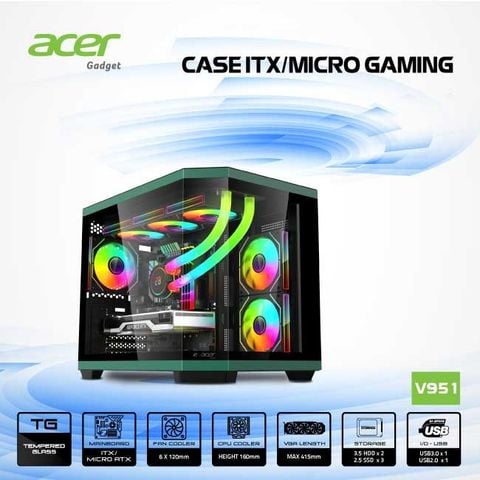 Thùng máy Case Acer V951 M-ATX - Đen (sẵn 3 Fan)
