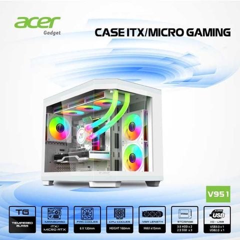 Thùng máy Case Acer V951 M-ATX - Trắng (sẵn 3 Fan)