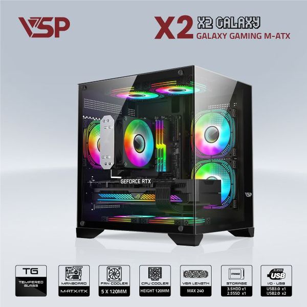 Thùng máy vỏ case máy tính VSP AQUANAUT PRO GAMING M-ATX X2 GALAXY - ĐEN