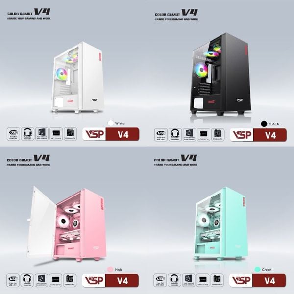 Thùng máy vỏ case máy tính VSP V4 - Trắng/Xanh/Hồng/Đen