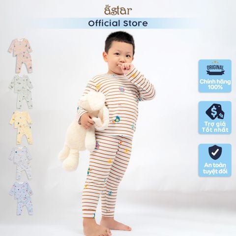 Bộ quần áo dài tay Asbaby vải Cotton Rayon phối họa tiết sọc AST42