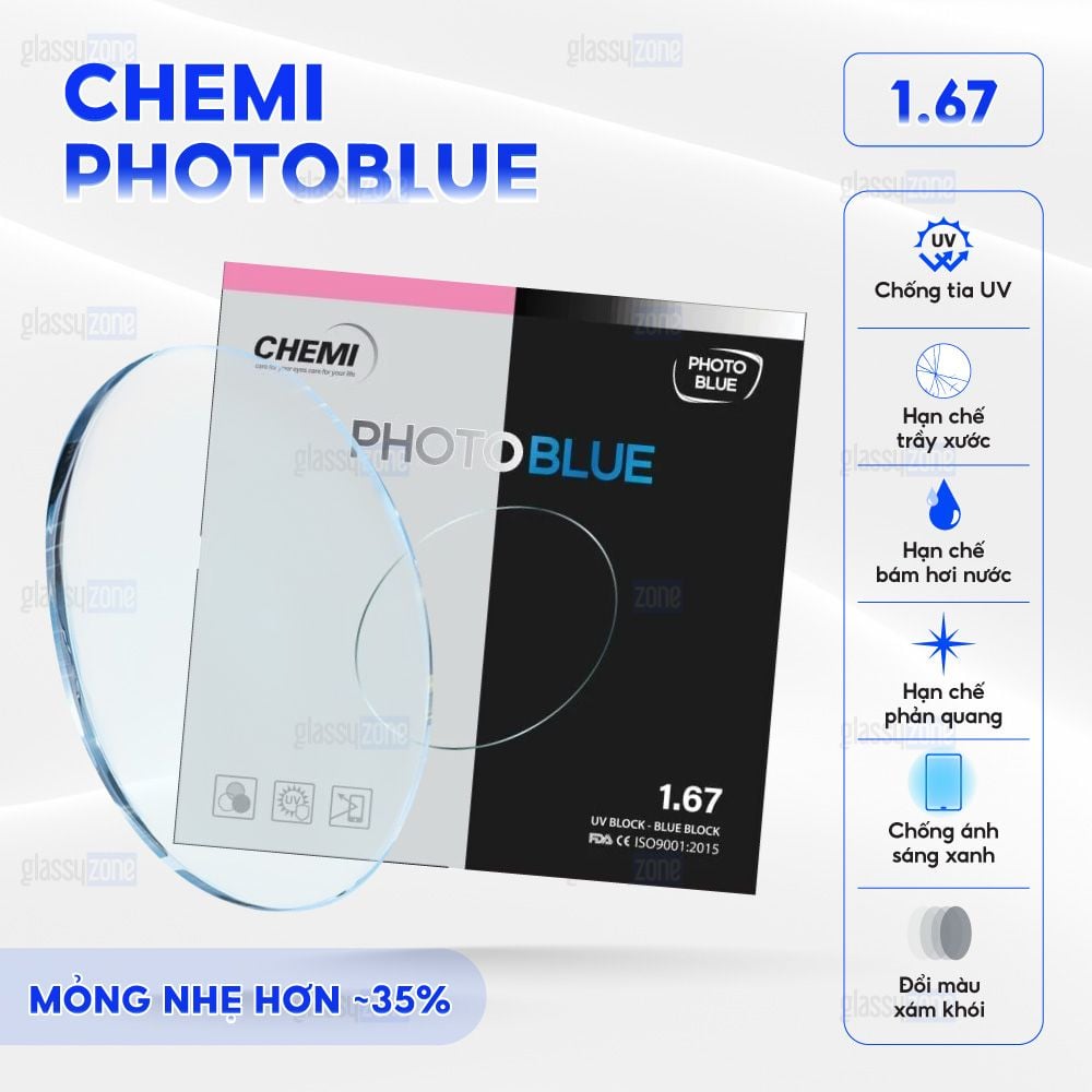 Tròng kính đổi màu chống ánh sáng xanh Chemi PhotoBlue 1.67 - Xám Khói