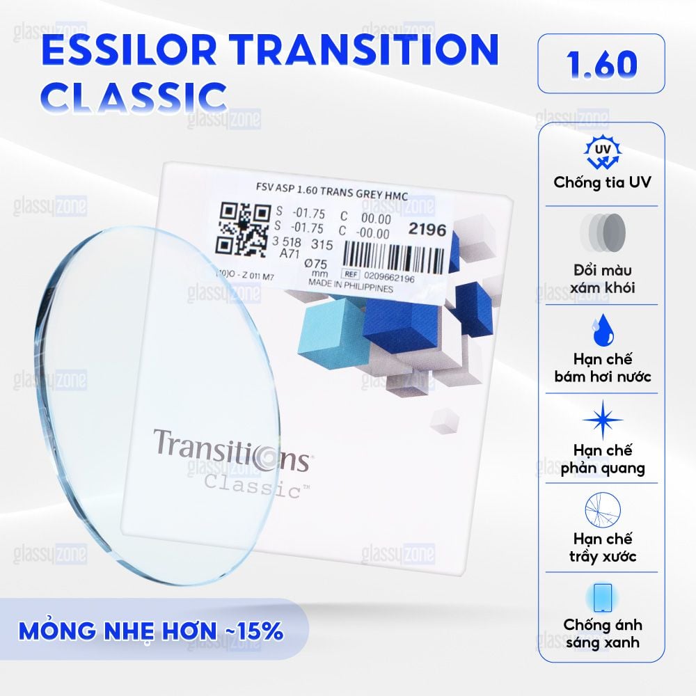 Tròng kính đổi màu Essilor Transition Classic 1.60 - Xám Khói