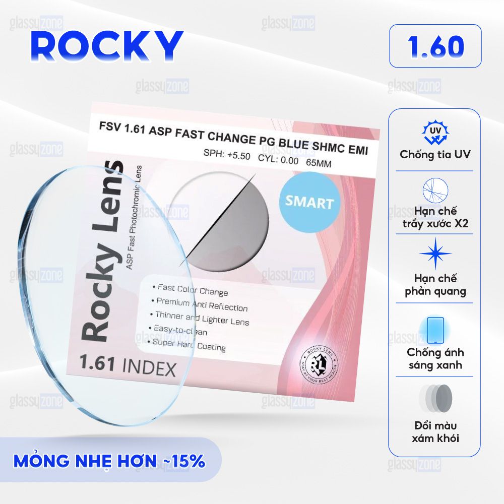 Tròng kính đổi màu Rocky 1.60 - Xám Khói