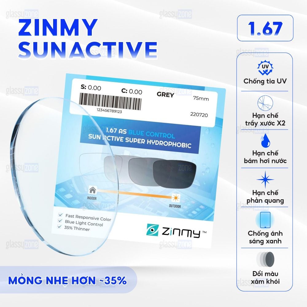 Tròng kính đổi màu siêu mỏng Zinmy SunActive 1.67 - Xám Khói