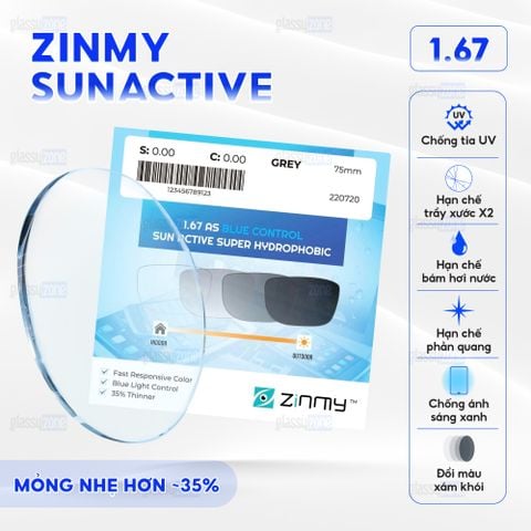 Tròng kính đổi màu siêu mỏng Zinmy SunActive 1.67 - Xám Khói