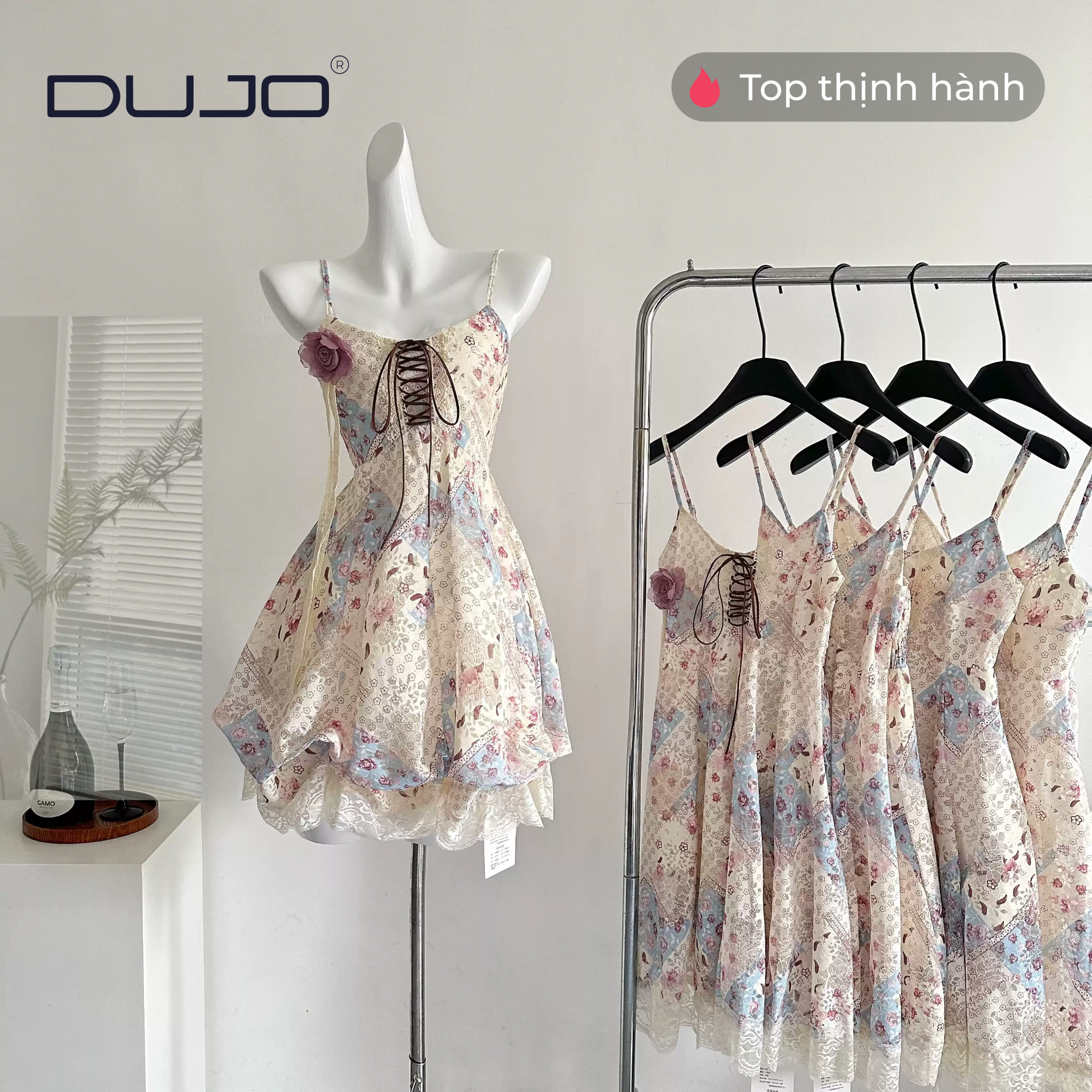  Đầm hoa dây rút hoa hồng – siêu phẩm hè 2025 