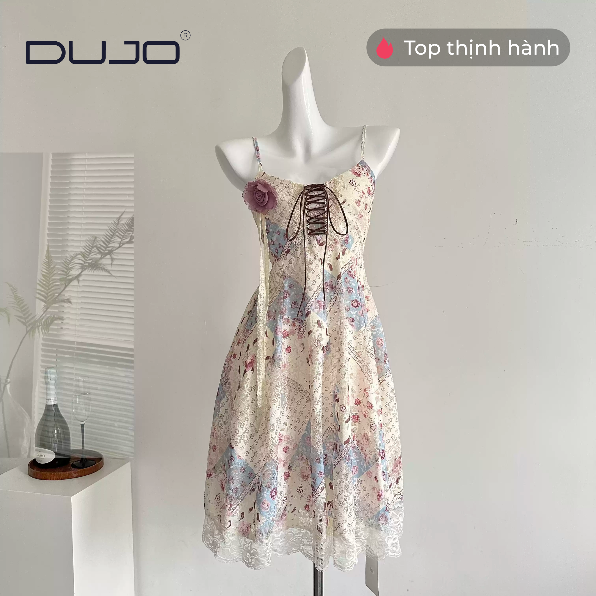  Đầm hoa dây rút hoa hồng – siêu phẩm hè 2025 