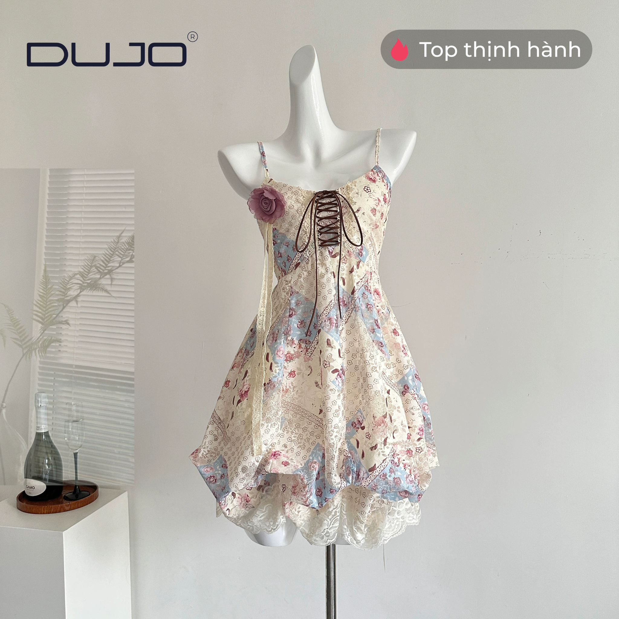  Đầm hoa dây rút hoa hồng – siêu phẩm hè 2025 