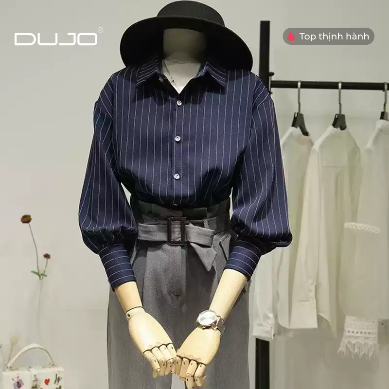  Áo sơ mi kẻ sọc xanh trắng nữ 
