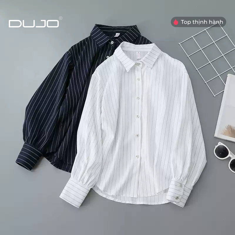  Áo sơ mi kẻ sọc xanh trắng nữ 