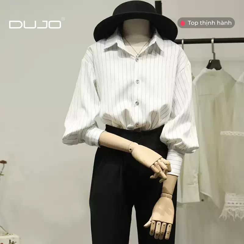  Áo sơ mi kẻ sọc xanh trắng nữ 