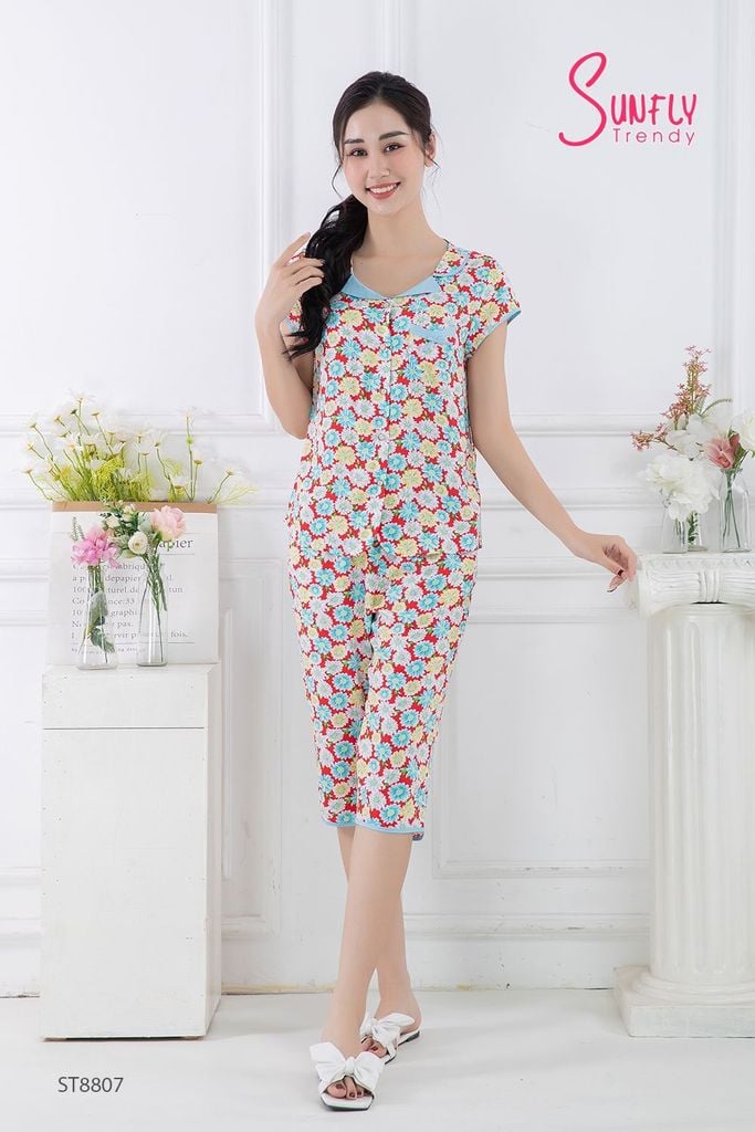 Bộ pijamas lanh áo cộc quần ngố ST8807