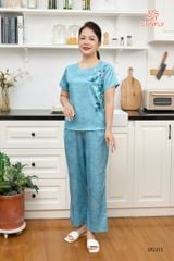 Đồ bộ mặc nhà nữ lụa satin jacquard áo cộc quần dài SP2215