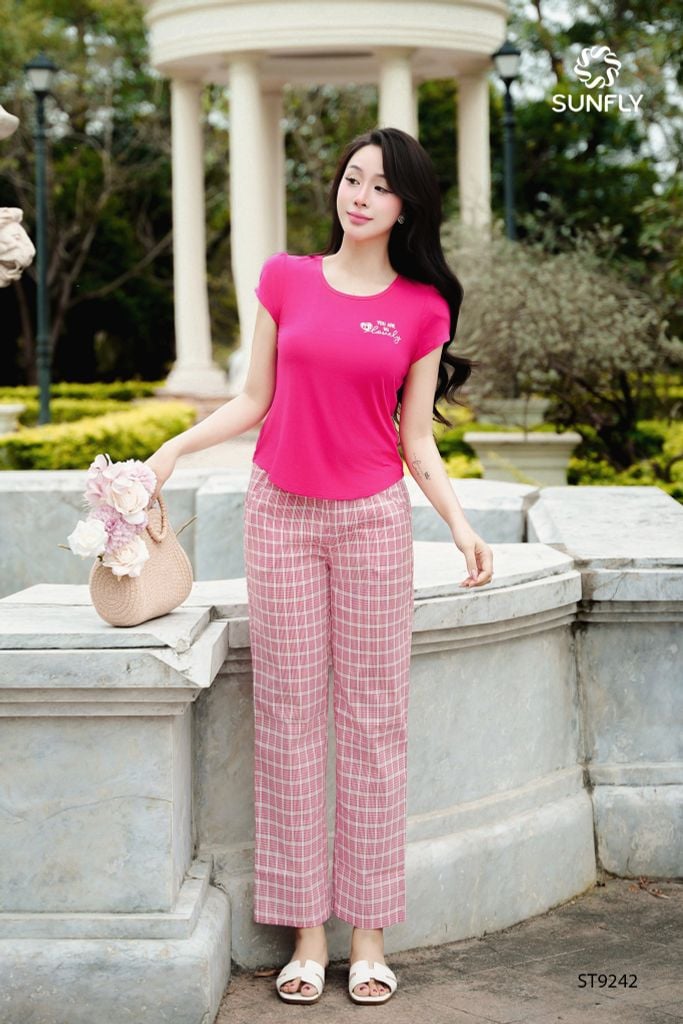 Đồ bộ mặc nhà nữ áo cotton cộc tay quần dài kate ST9242