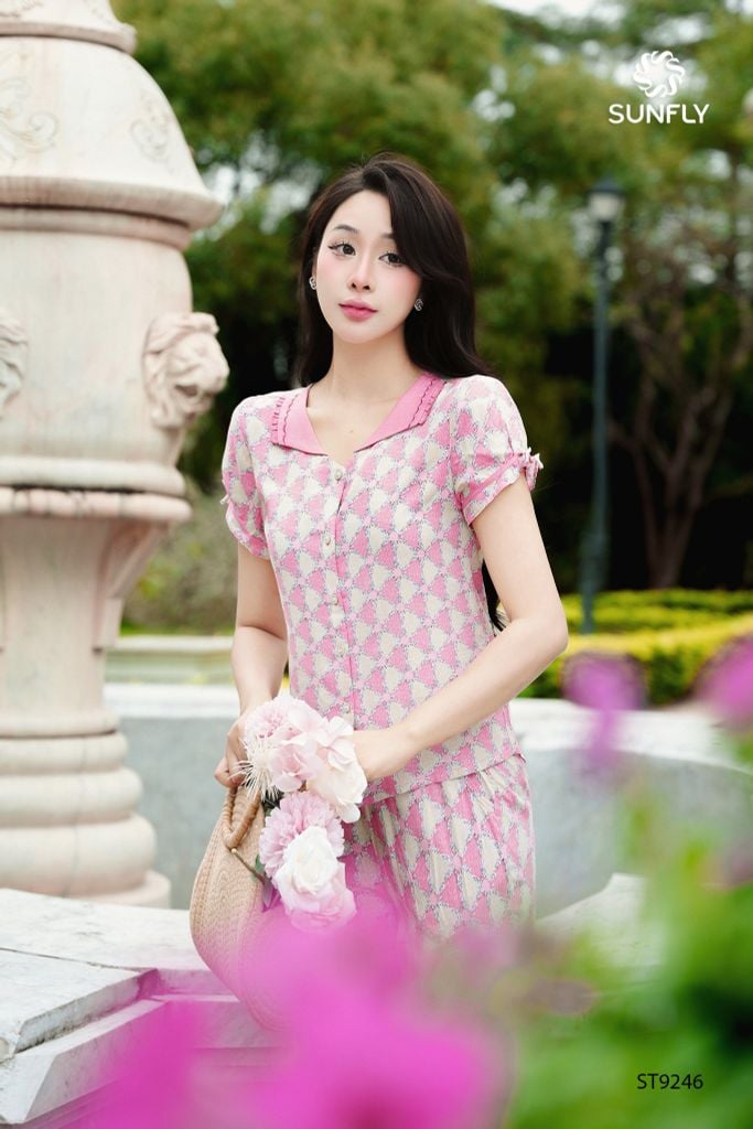 Bộ pijama nữ lanh ht áo cộc quần ngố ST9246
