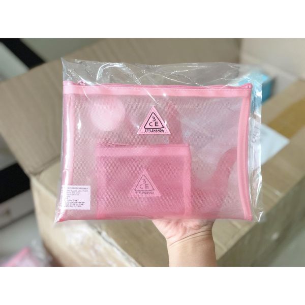 Túi 3CE Dạng Lưới Đựng Mỹ Phẩm Tiện Dụng Xinh Xắn 22x15x1cm Mesh Pouch + Pink Rumour [Đen- Hồng]
