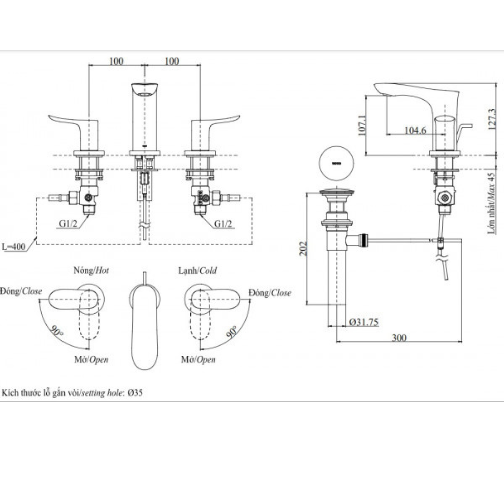 Vòi lavabo 3 lỗ TOTO TLG01201B