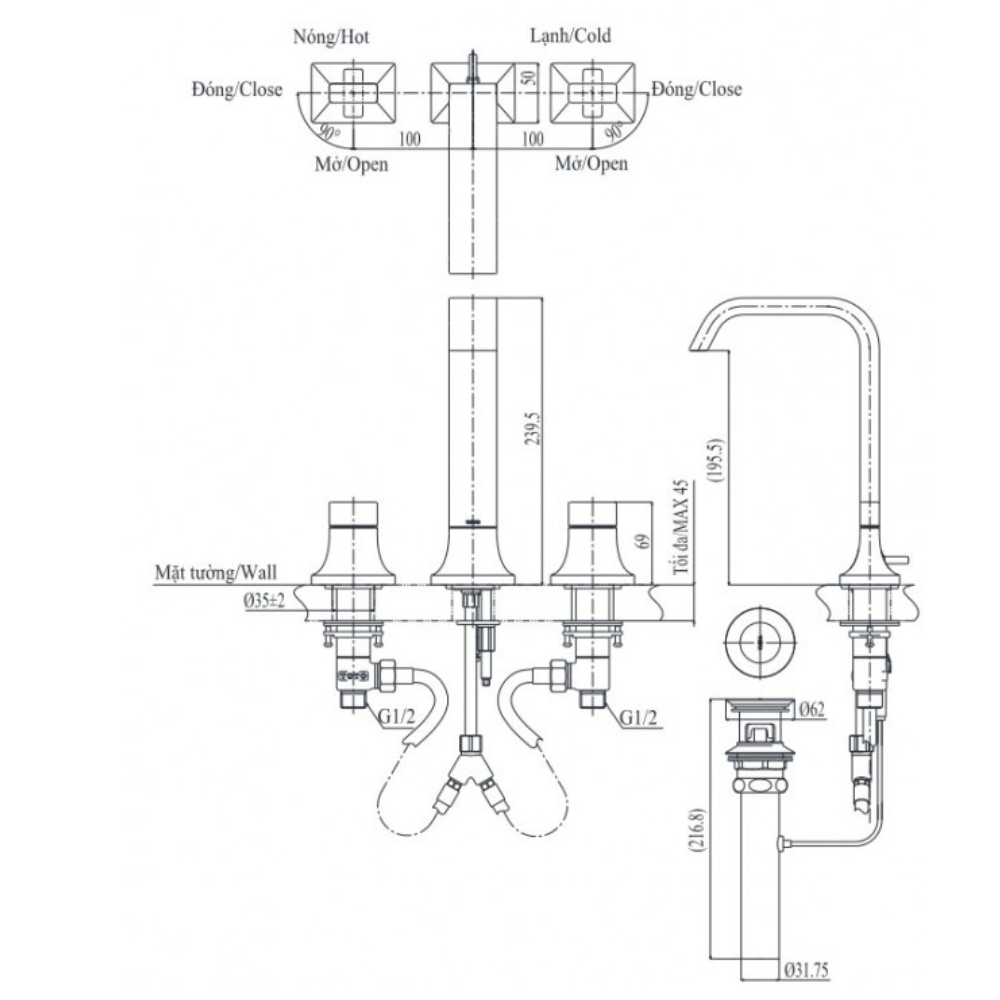 Vòi lavabo 3 lỗ TOTO TLG08201B