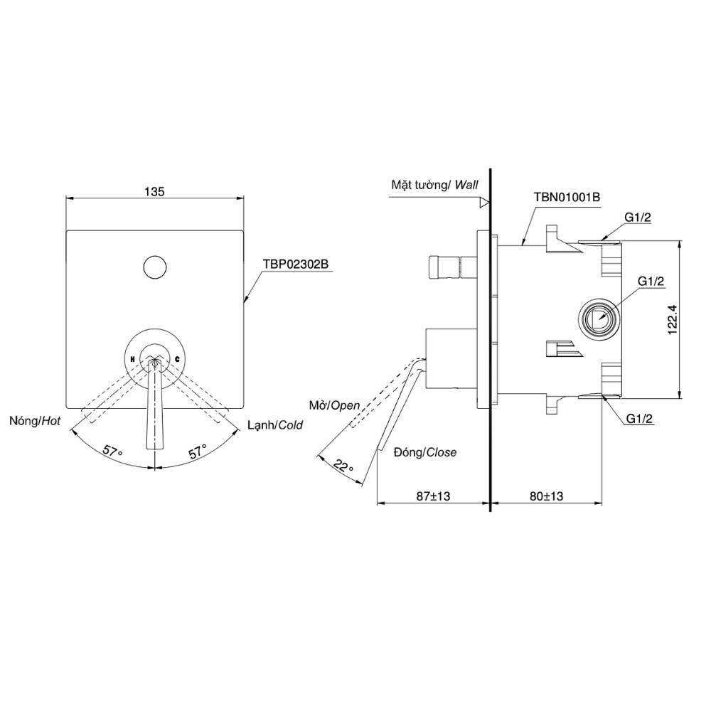 Van điều chỉnh nóng lạnh TOTO TBP02302B/TBN01001B