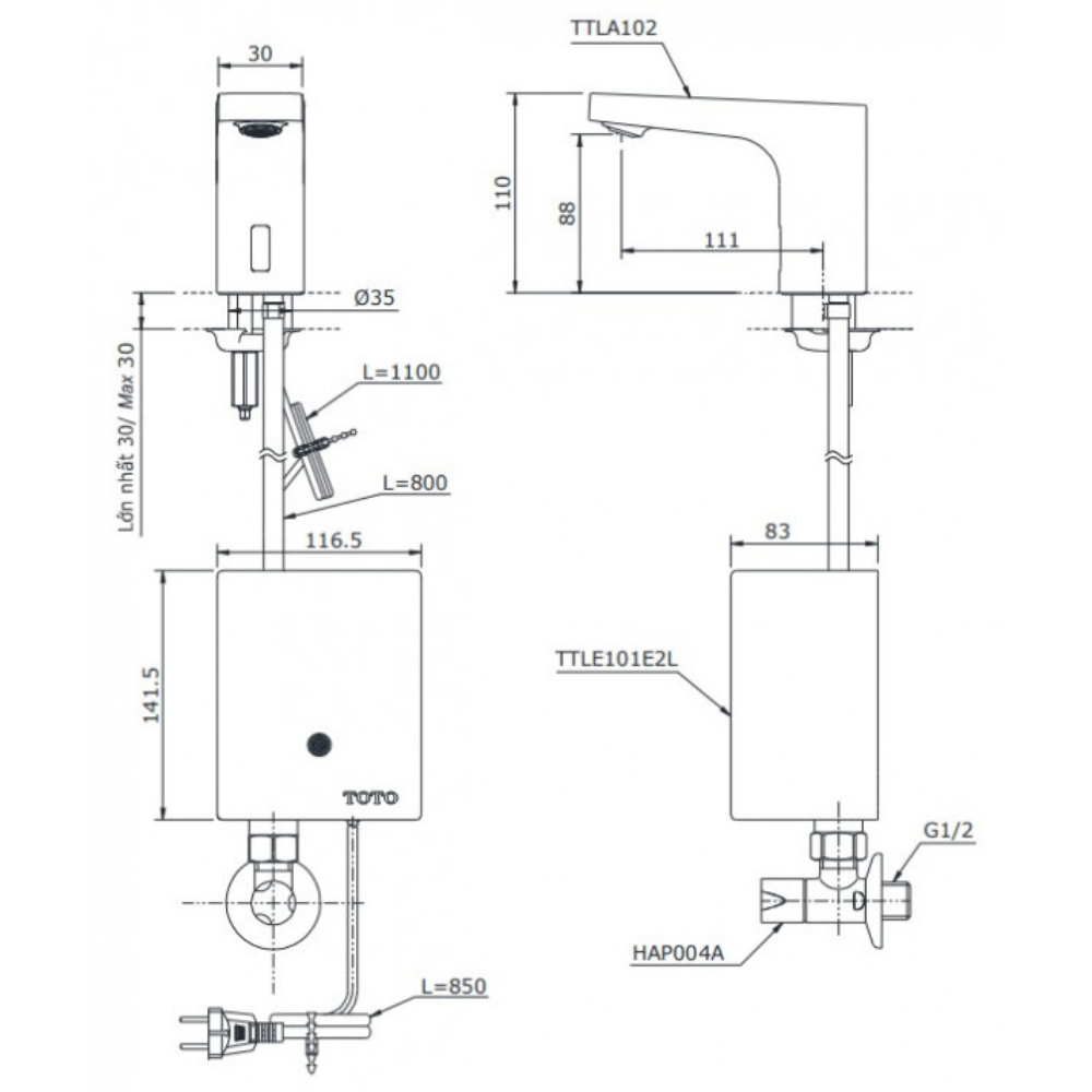 Vòi cảm ứng TOTO TTLA102/TTLE101E2L/HAP004A
