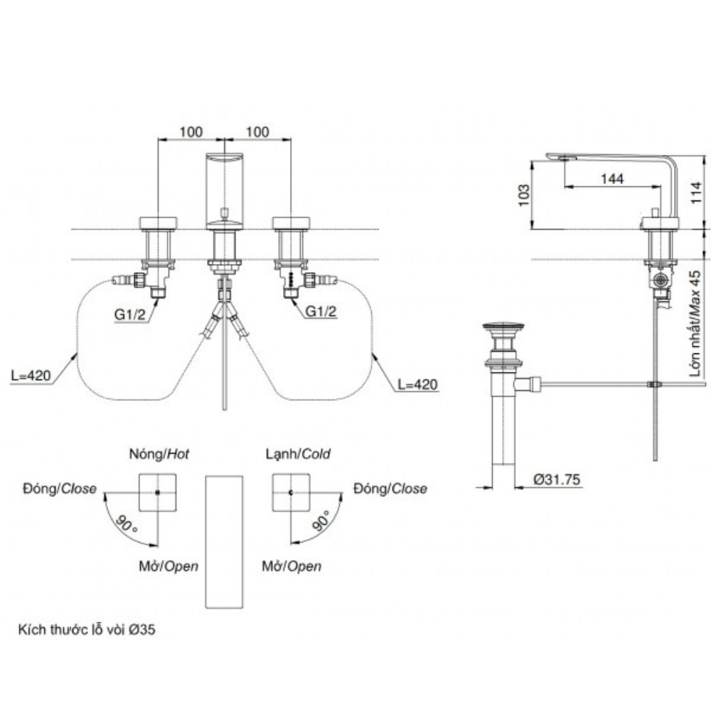 Vòi lavabo 3 lỗ TOTO TLP02201BA (Mã cũ TLP02201B)