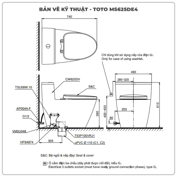 Bồn cầu nắp rửa cơ TOTO MS625DE4