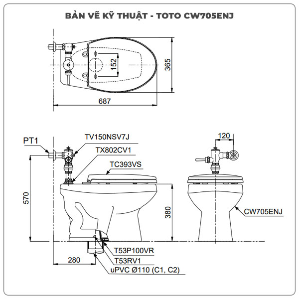 Bồn cầu đặt sàn TOTO CW705ENJ/TV150NSV7J/TX802CV1